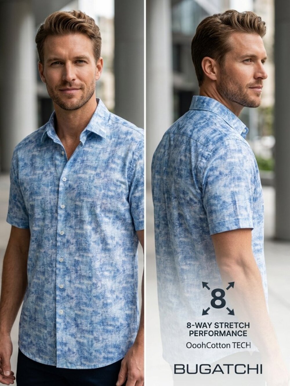 Bugatchi OoohCotton Tech 8-Way Stretch Blue White Abstract Button Down Shirt